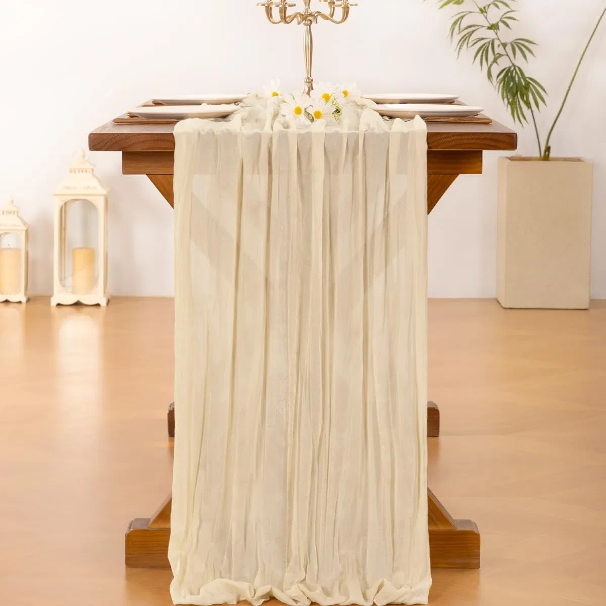 Beige Boho Rustic Cheesecloth Table Runner for Wedding Party Birthday Home Decor