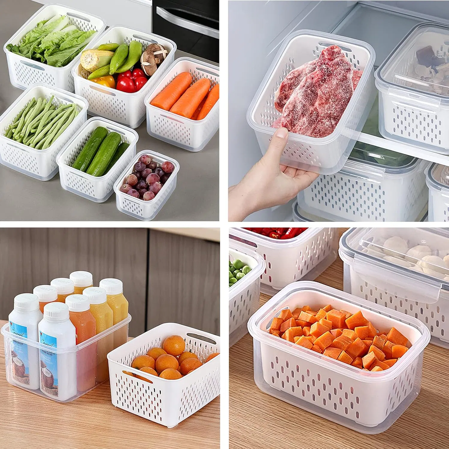3pack Plastic Fridge Food Storage Container Set with Lids with Strainer