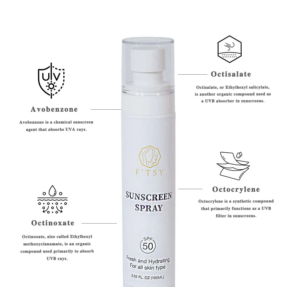 Hot Selling Private Label Vegan Natural Sunblock Calming SPF 50 UVA UVB Protecting Sunscreen Face Mist Spray