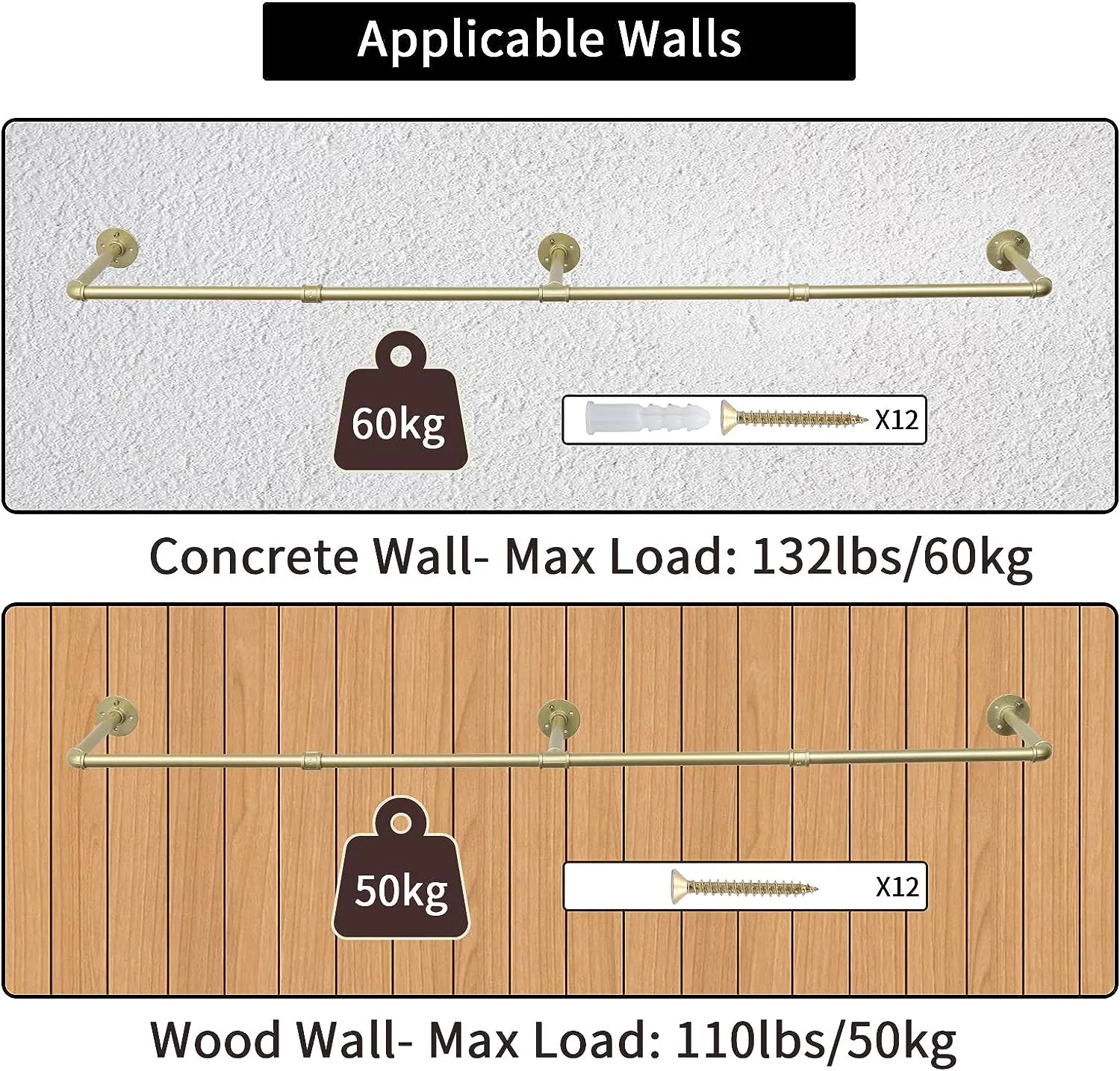 72inch Gold Wall Mounted Clothes Rack Industrial Pipe Garment Rack Hanging Rod Bar for Closet Storage