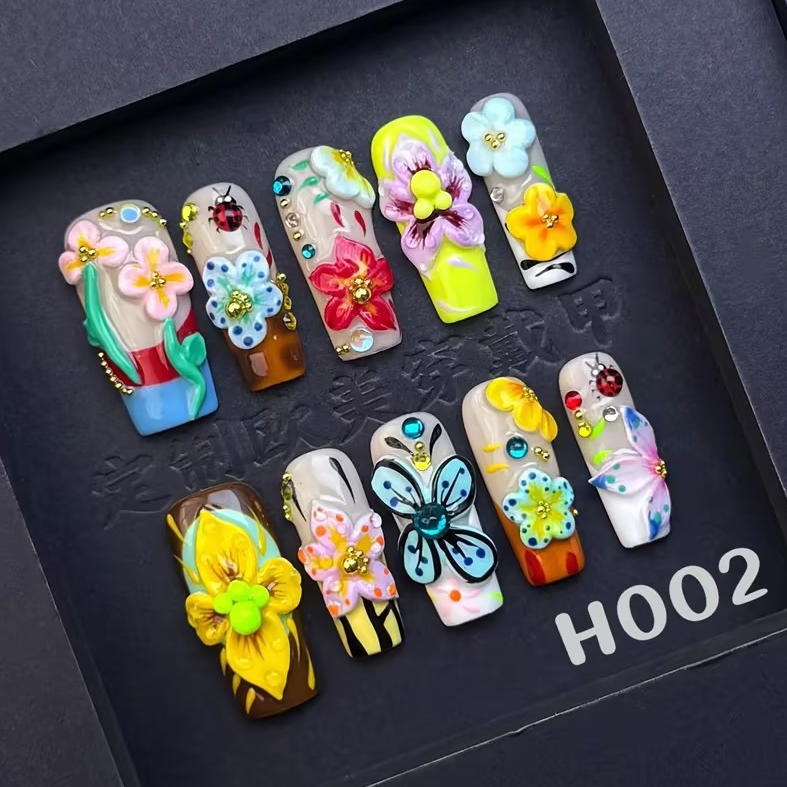 Pastel Micro Fruit Press on Nails with 3D Floating Flowers