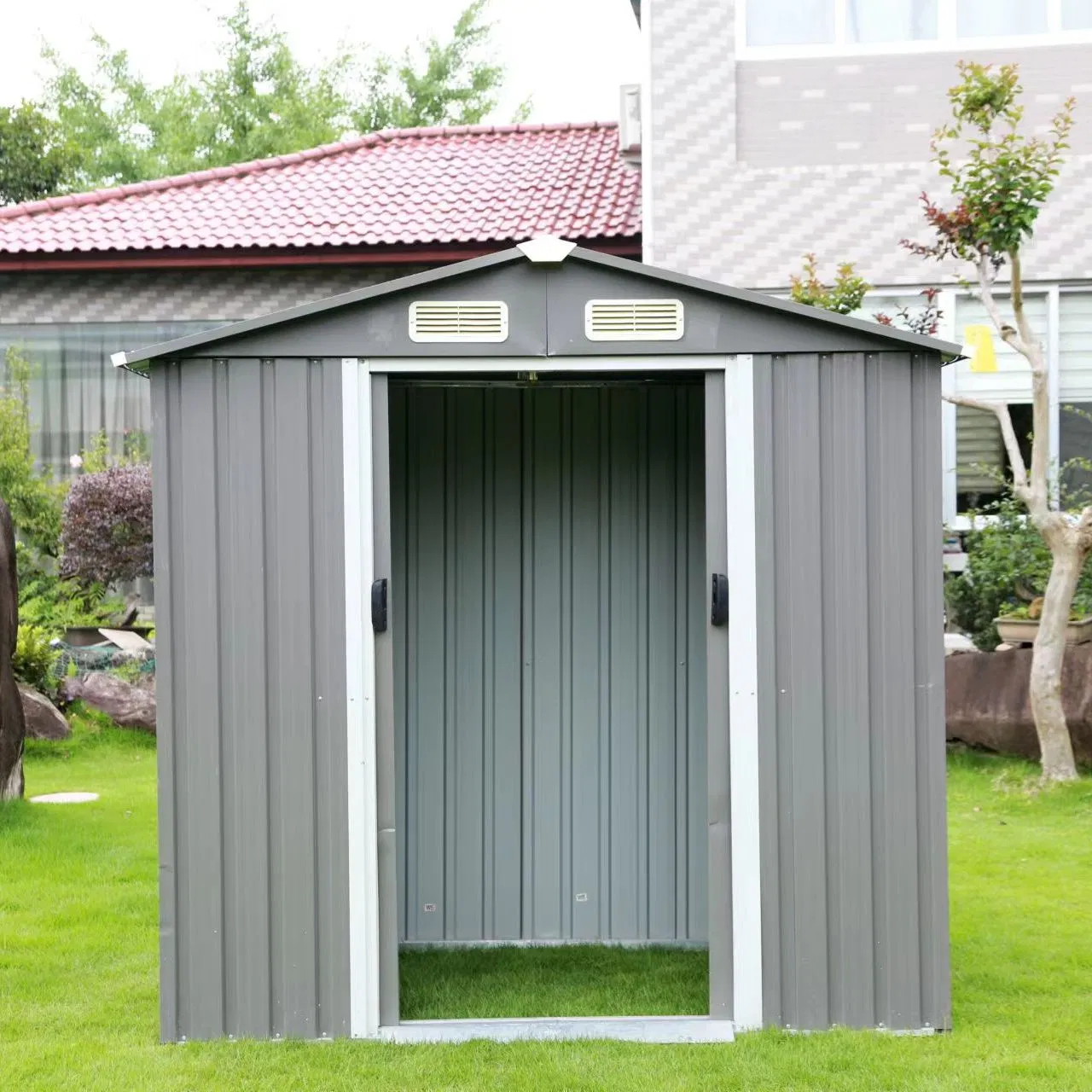 5X3FT Outdoor Metal Shed with Sliding Doors Steel Garden Storage for Tools, Lawn Mower, Bikes