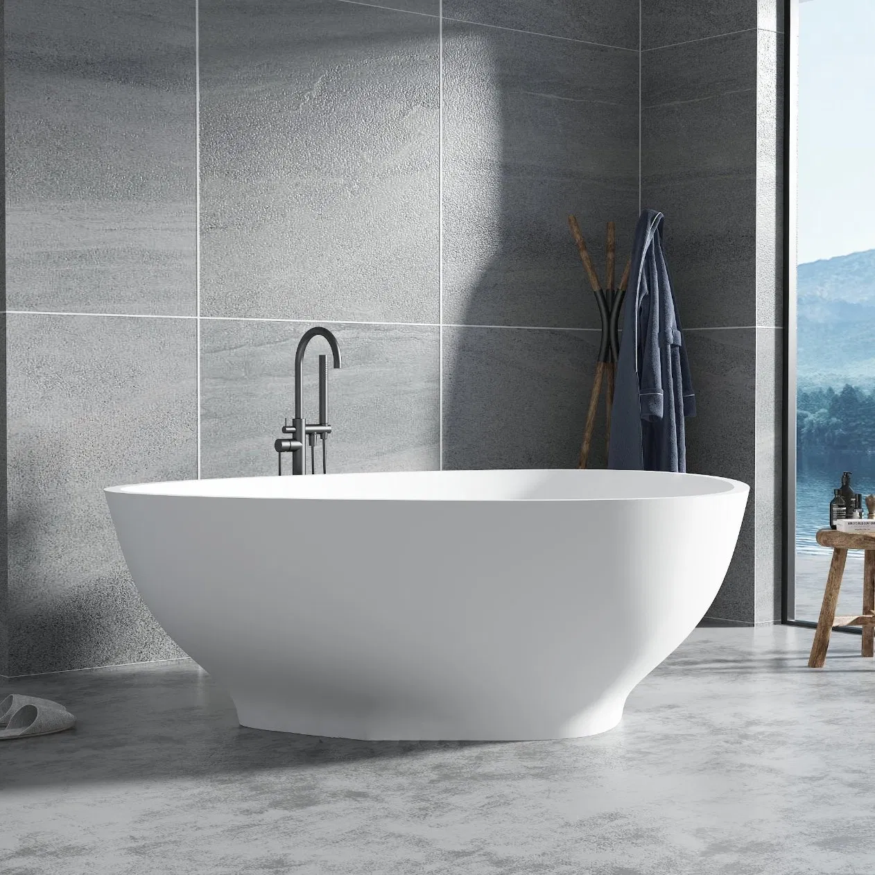 Triangle Shaped Solid Surface Bath Tub Freestanding Matte White Artificial Stone Soaking Bathtub for Modern Hotel Home Villa