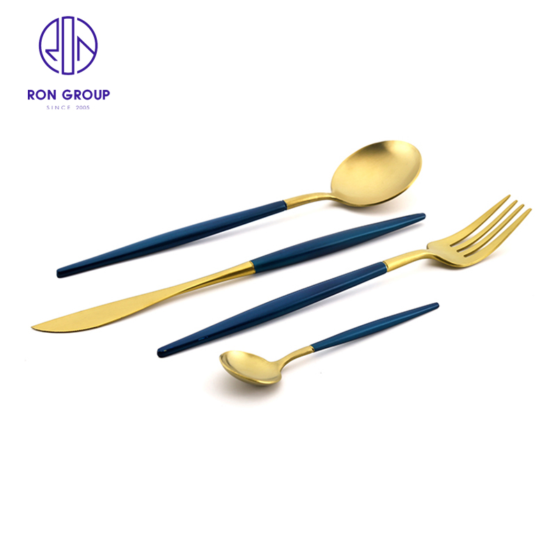 Western Restaurant Hotel Kitchen Silverware Knife Spoon Fork Solid Blue Handle with Gold Flatware Stainless Steel Cutlery