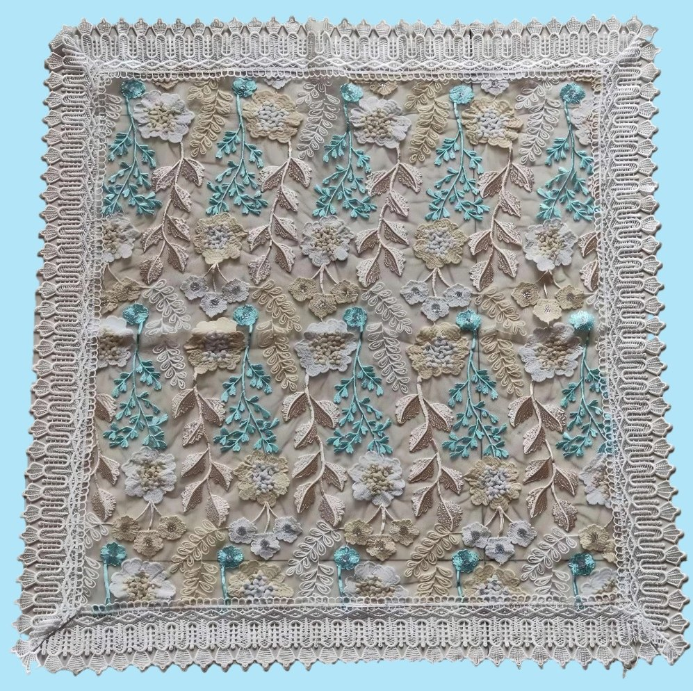 Light Blue Flower Embroidered and Lace Border Tablecloth