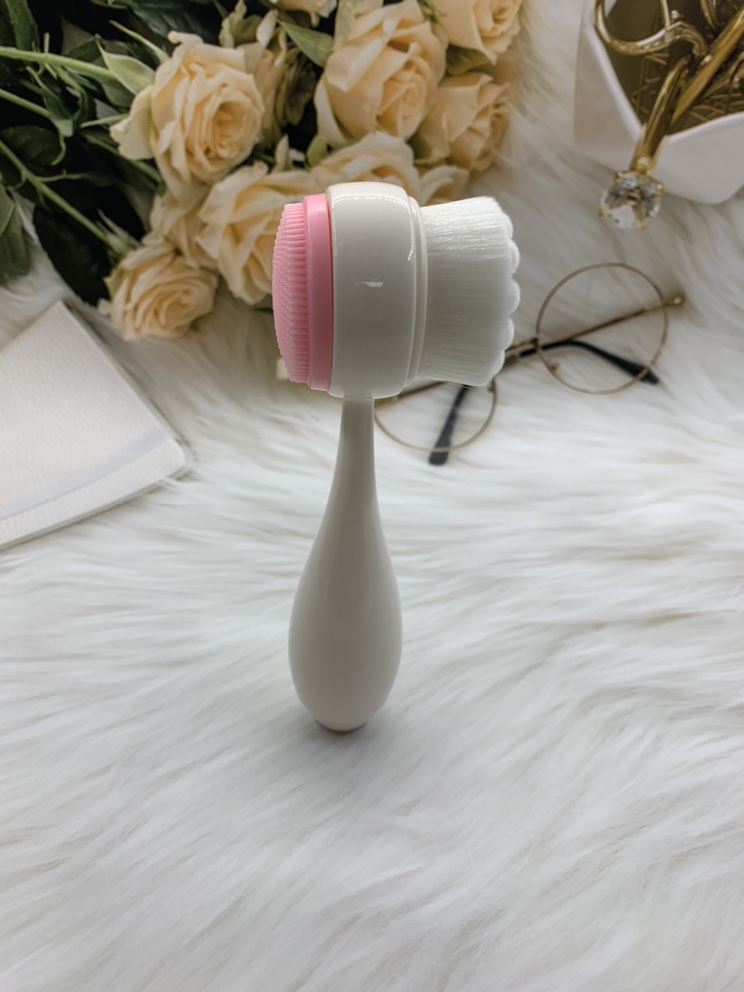 White Plastic ABS Handle with White Synthetic Hair and Pink Silicone Double Face Facial Brush