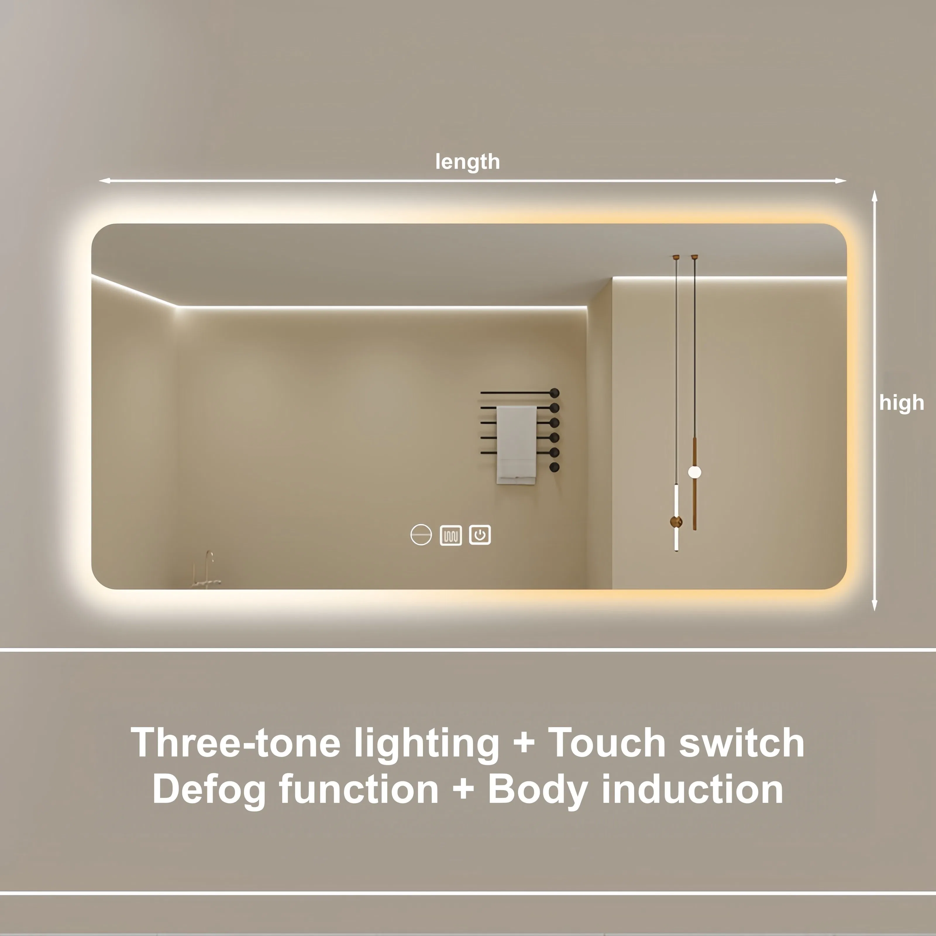 Modern LED Anti-Fog Three Stone Motion Detection Frameless Bathroom Mirror with Clock