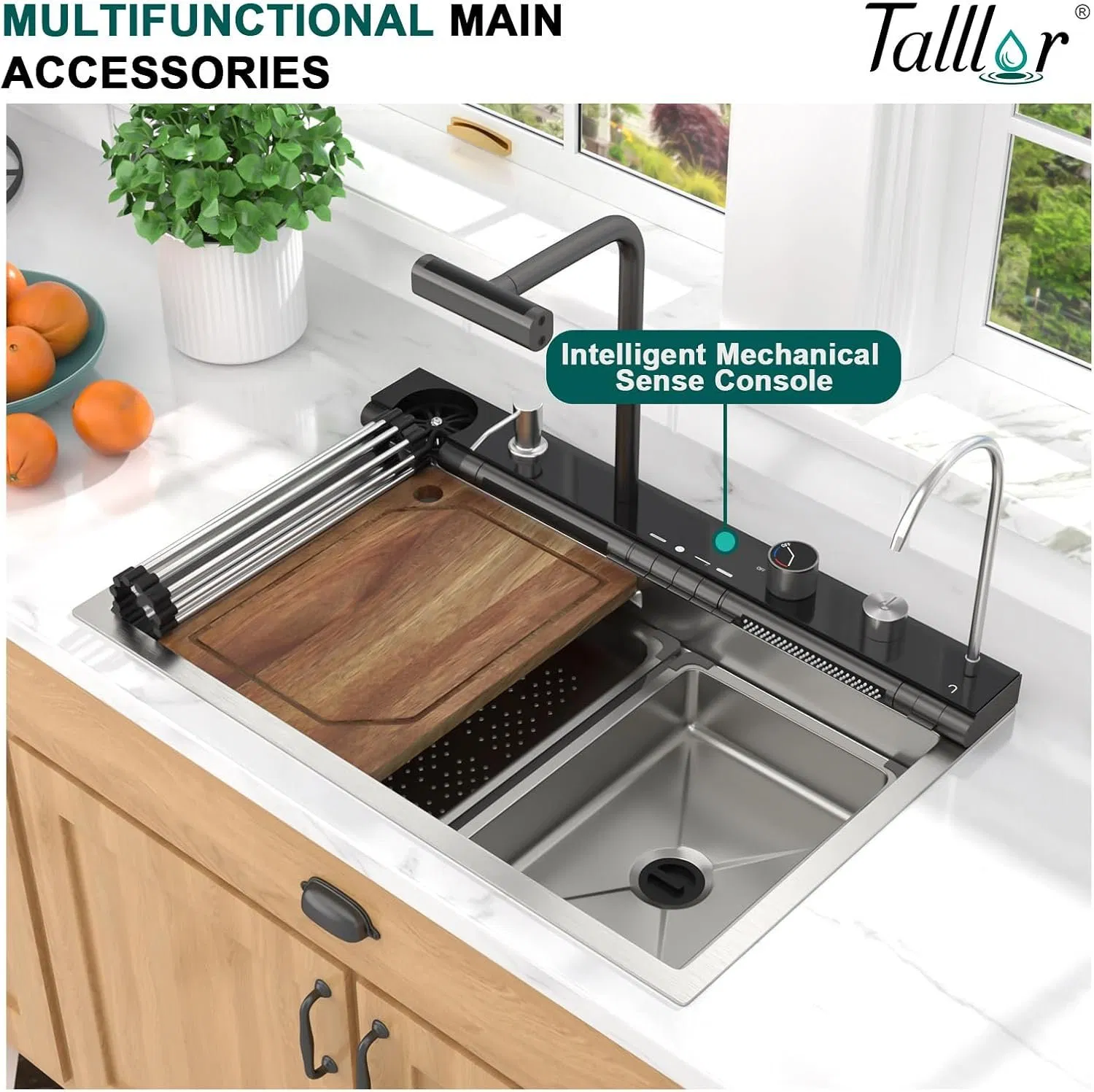 Multifunctional Wholesale Piano Double Waterfall Handmade Stainless Steel Integrated Kitchen Sink