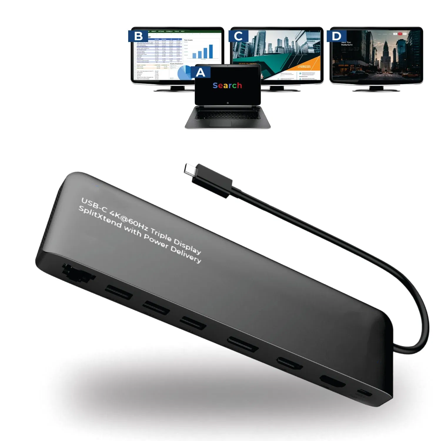 Splitextend 4K HDMI Splitter Extended Display for Dual Monitor - Multi-Monitor Display 3 Separate Screens