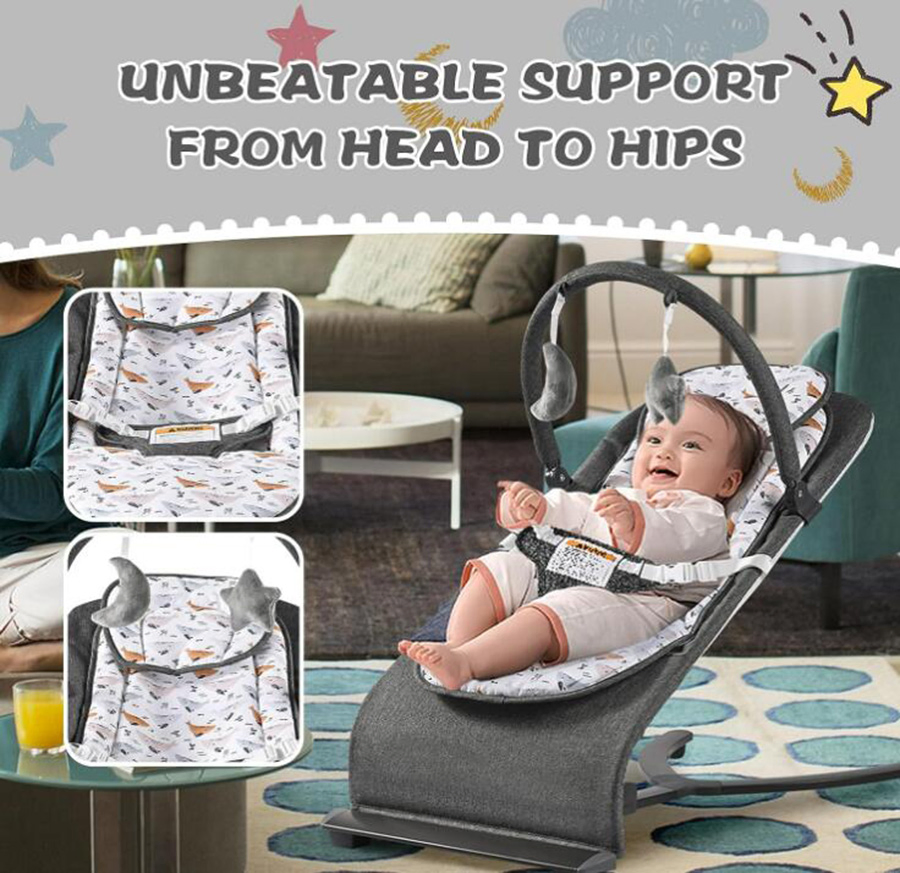 Portable Baby Bouncer for 0-6 Months Baby with 3-Point Harness Grey