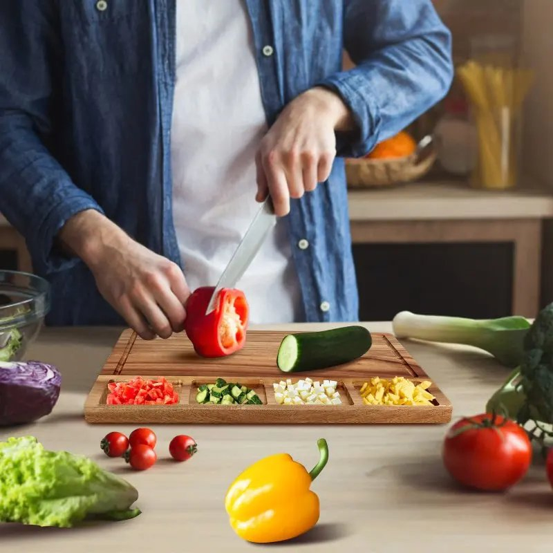 Food-Grade Solid Custom Acacia Wood Cheese Board Large Rectangle Charcuterie Serving Board with 4 Holes Set