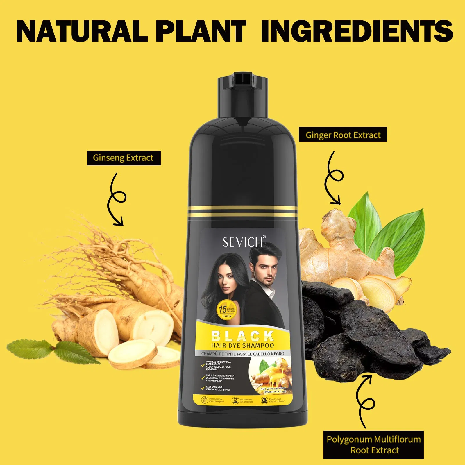 500ml Organic Ginger Root Extract Strengthens Smooth Black Hair Dye Color Shampoo