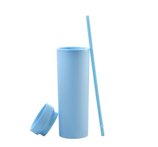 Colorful Double Wall 16oz Skinny Frosted BPA Free Tumbler Straw Plastic Water Bottle