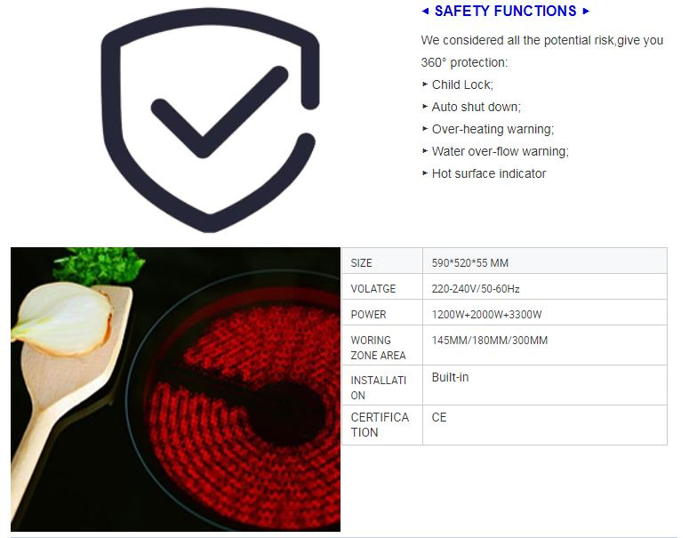 220V Black Ceramic Glass Electric Cook Top Ceramic Electric 3 Burner Cooker