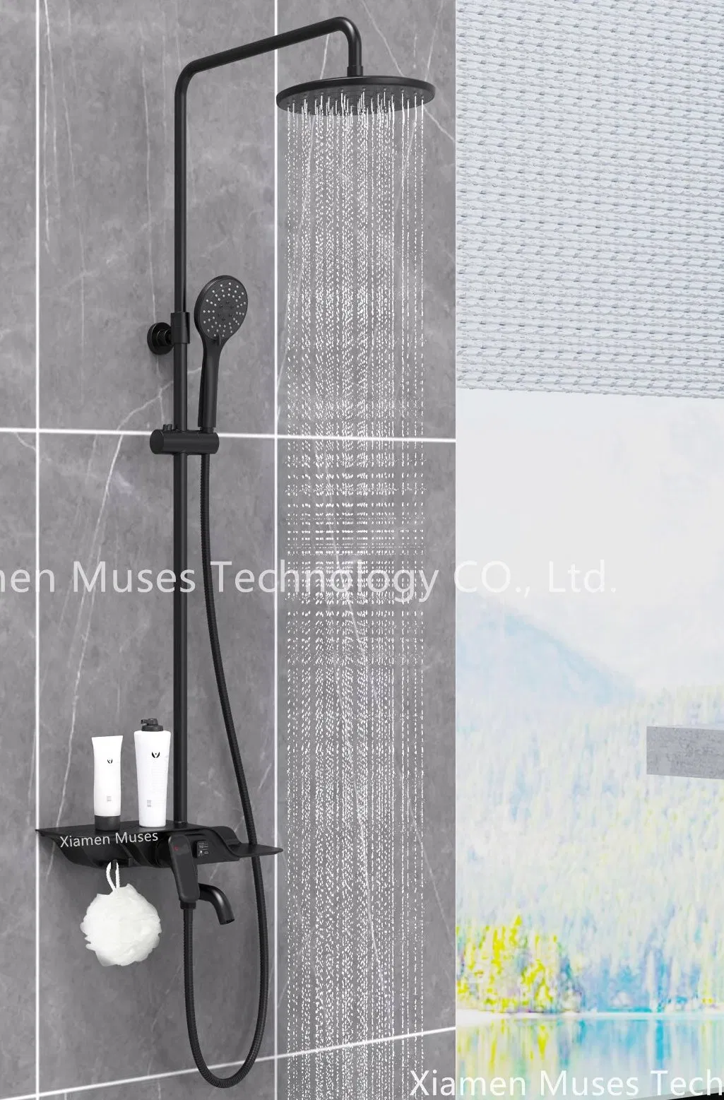 3 Way Matt Black Bar Shower Bathroom Shower Faucet Shower Column Shower Mixer Shower Enclosure with Shelf, Rain Shower, Hand Shower, Bathtub, Hook, Holder