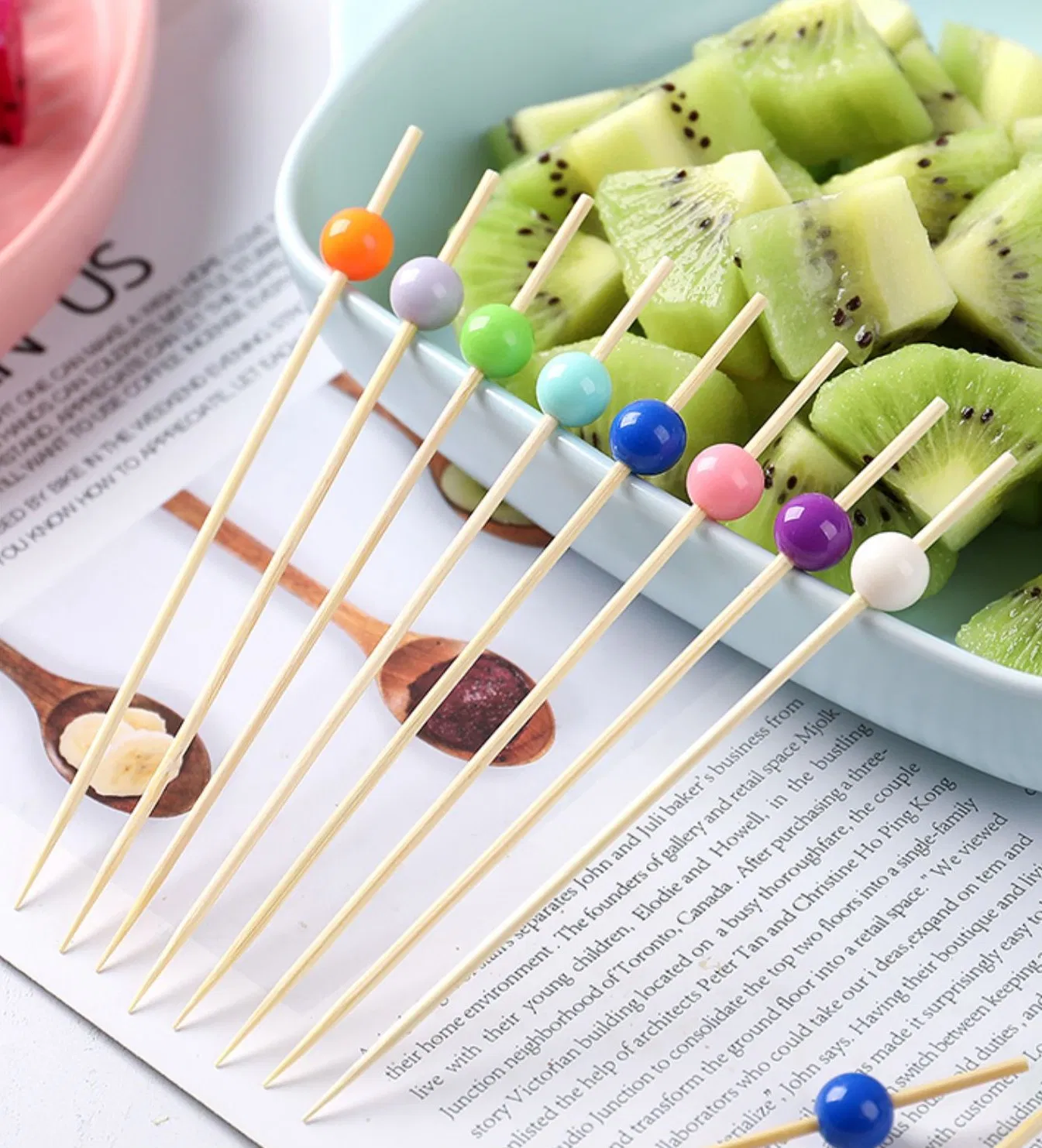 Food Grade Eco-Friendly Plancha Disposable Fruit Picks Cocktail Picks Bamboo Fruit Picks with Ball Heart Star Pattern