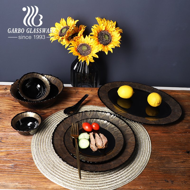 Microwave Safe Black Opalware Glass Dinner Set India Style 33PCS Opal Glass Dinner Set with Customized Decal