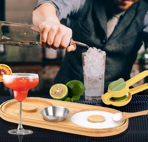 Set of 6 Bamboo Glass Sugar Rimmer Bartender Tool Set for Cocktail and Margarita