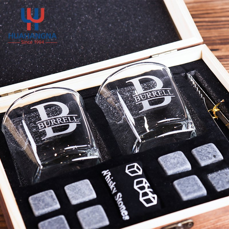 8 Reusable Granite Whisky Chilling Stones and Crystal Whiskey Rock Glass Gift Set in Wooden Box for Wedding