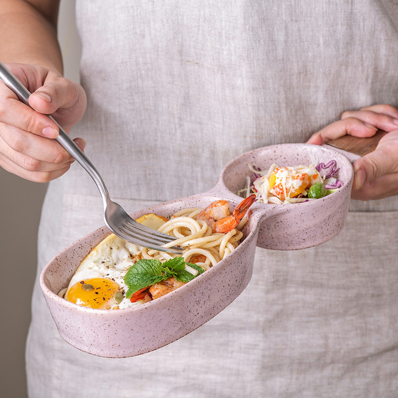 Elegant Ceramic Snack Bowl with Divider and Wooden Handle
