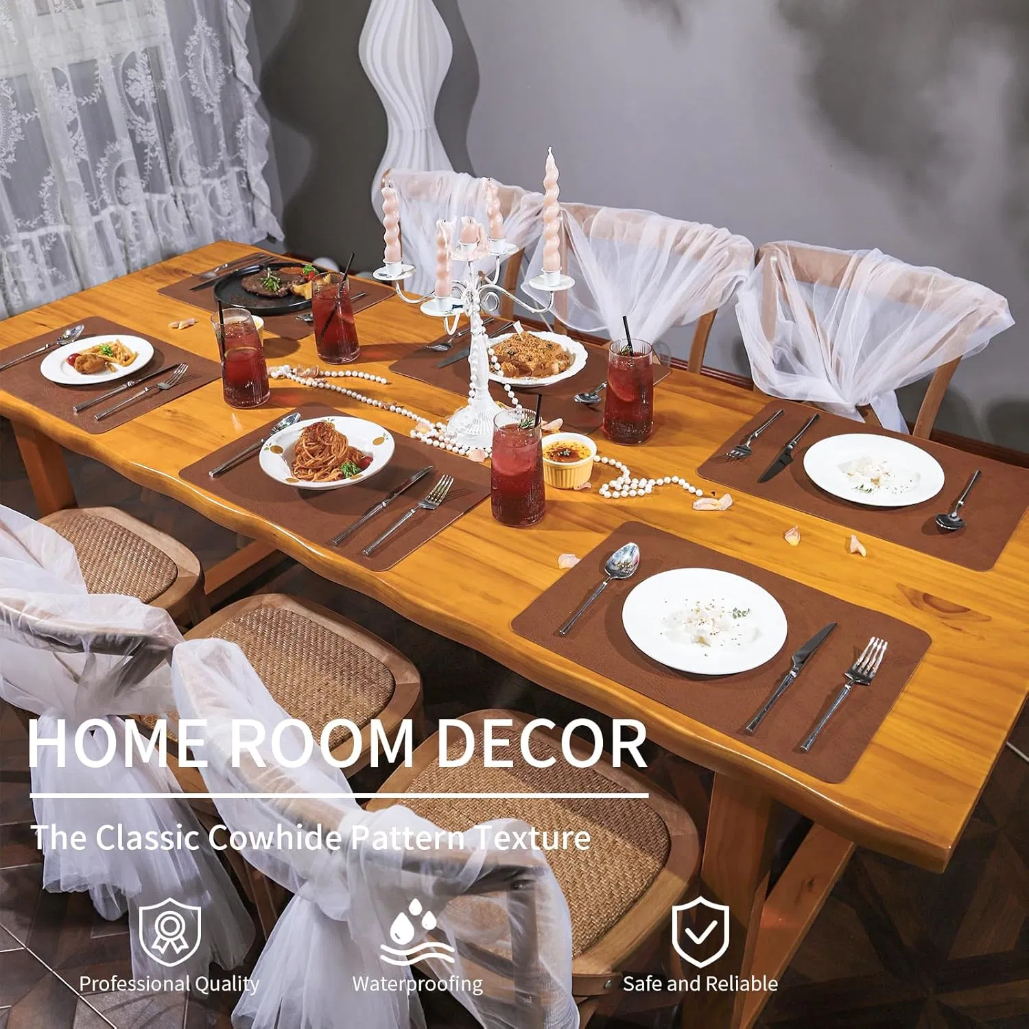 Cowhide Pattern Faux Leather Placemats Set of 6,Heat Resistant Non-Slip Waterproof Wipeable Washable Kitchen Dining PU Table Place Mats,Double-Sides Available,D