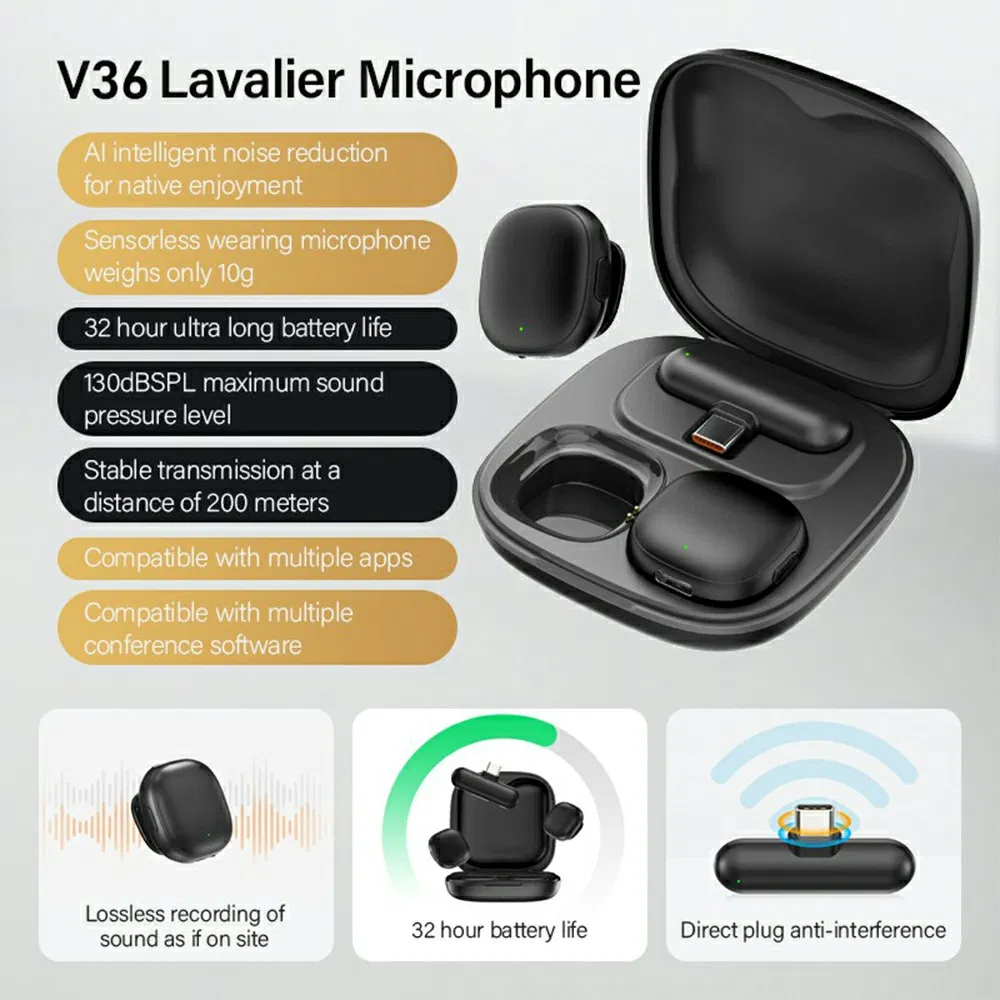 V36 with USB-C Receiver Mini Ai Noise Cancelling Wireless Lavalier Microphone for I-Phone 15 / 16 / an-Droid System