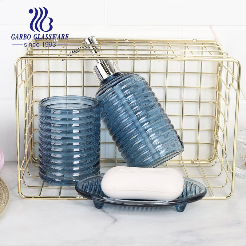 Pump Bottle Dispenser Glass Soap Dish Blush Tumbler Blue Glass Bathroom Accessories Set