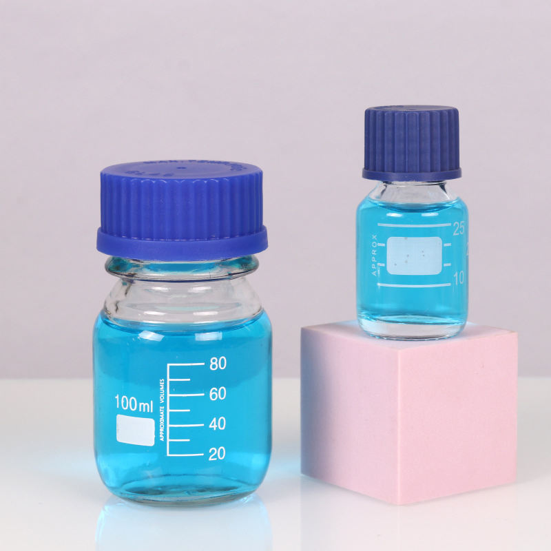 250ml Flask Clear Autoclavable Reagent Apothecary Glass Bottle with Scale and blue Lid