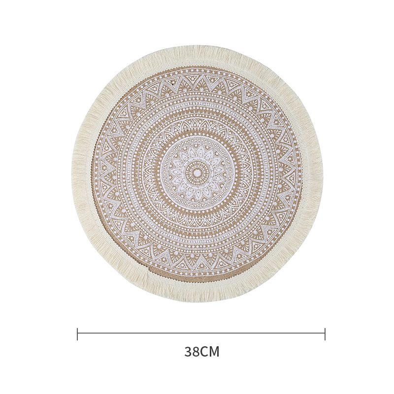 Fringed-Decorated Round Placemat, Eco-Friendly Natural-Colored Jute Vintage Screen Printing Pad