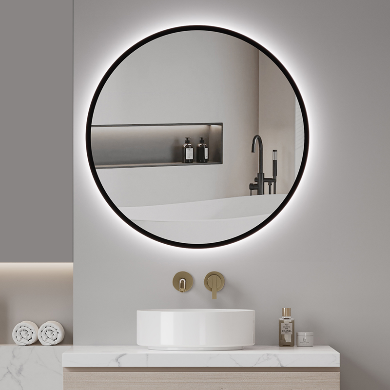 Intelligent Wall Mounted Black Frame Round LED Mirror Touch Screen Bathroom Mirror with LED Light