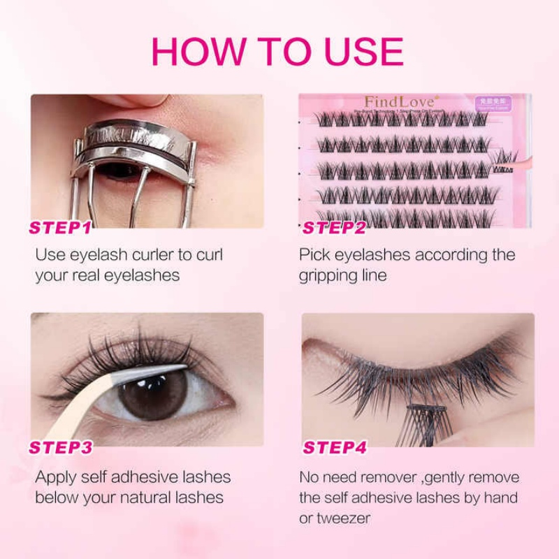 8mm Self Adhesive Cluster Eyelash Lash Kit Pre Bonded Press on Lashes Natural No Glue Needed Glueless Easy Permanent False Eyelash
