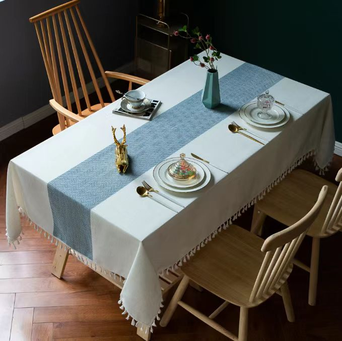 Stripes Jacquard Polyester Table Runner with POM POM Trims for Home Hotel