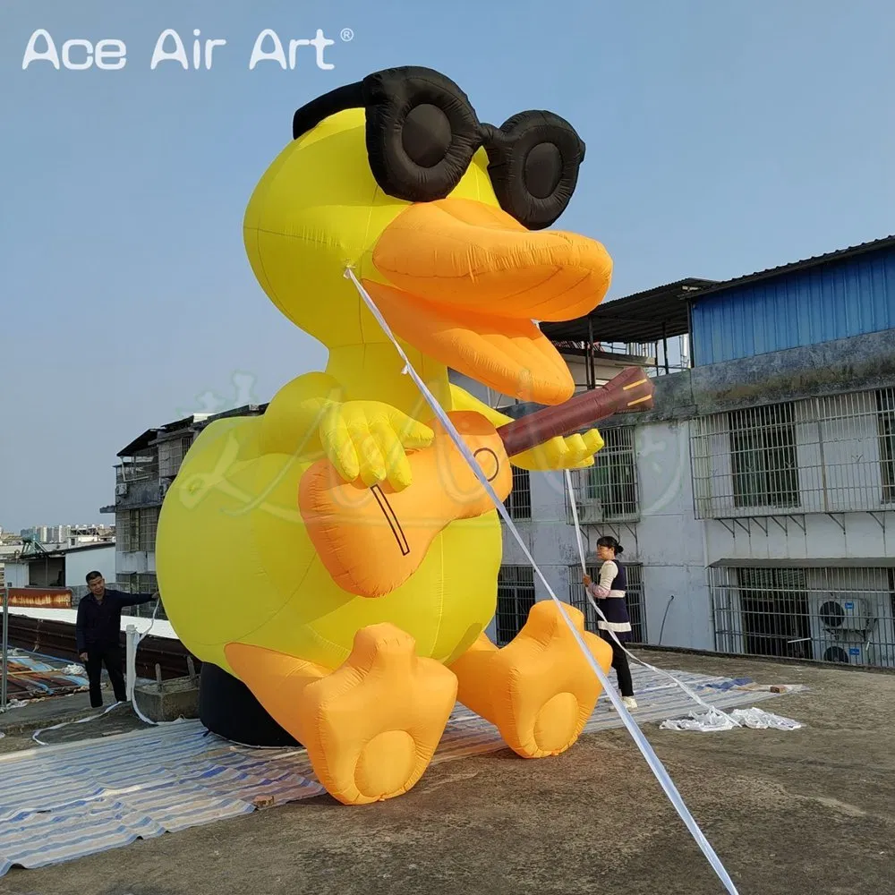 Giant 5mh Cool Yellow Giant Inflatable Duck with Guitar Inflatable Characters Cartoon Model Balloon for Advertising Promotion