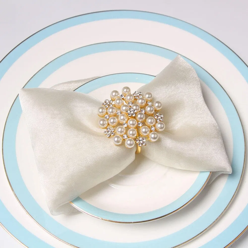 Wholesale New Style Pearl Diamond Table Decoration Gold Metal Napkin Ring for Wedding