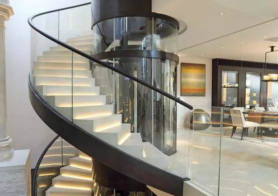 LED Light Curved Staircase Design Stainless Steel Railing Glass Tread