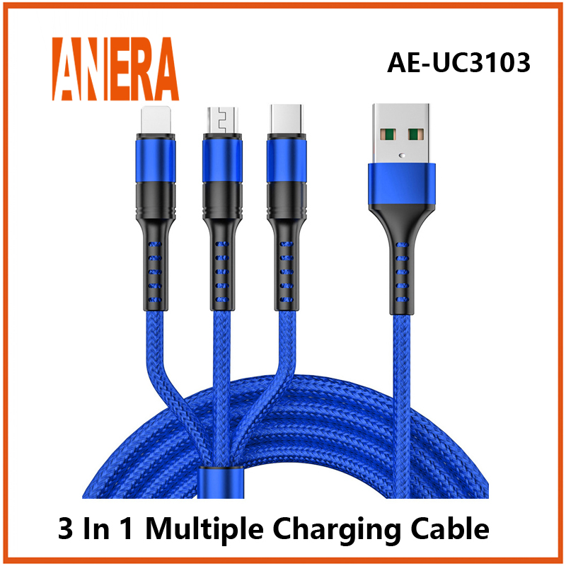 Gold Flexible 3 in 1 5A Fast Charging Cable USB2.0 to Type-C&Android&Lightning Mobile Phone Cable