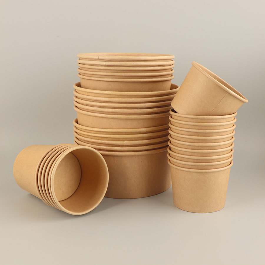 Food Container Disposable Circular 500ml Food Soup Brown Salad Kraft Paper Bowl with Lid