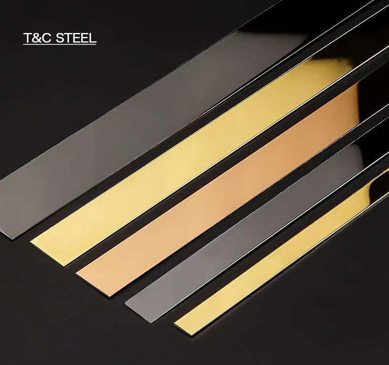 T&C Profiles14 Factory India Price Golden Mirror Stainless Steel Strip Flat Self-Adhesive Tile Trim for Furniture Wall Floor Transition Strip
