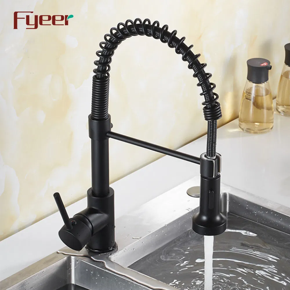 Fyeer Brass Body Spring Pull Down Kitchen Sink Faucet Painted Black