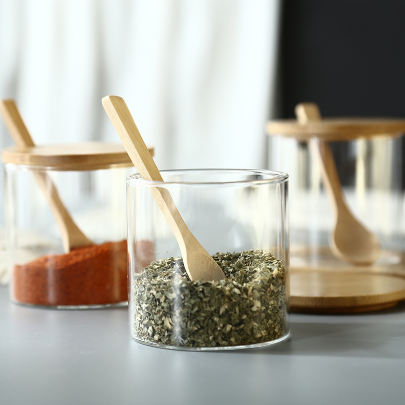 Japanese Glass Seasoning Container with Bamboo Lids Set