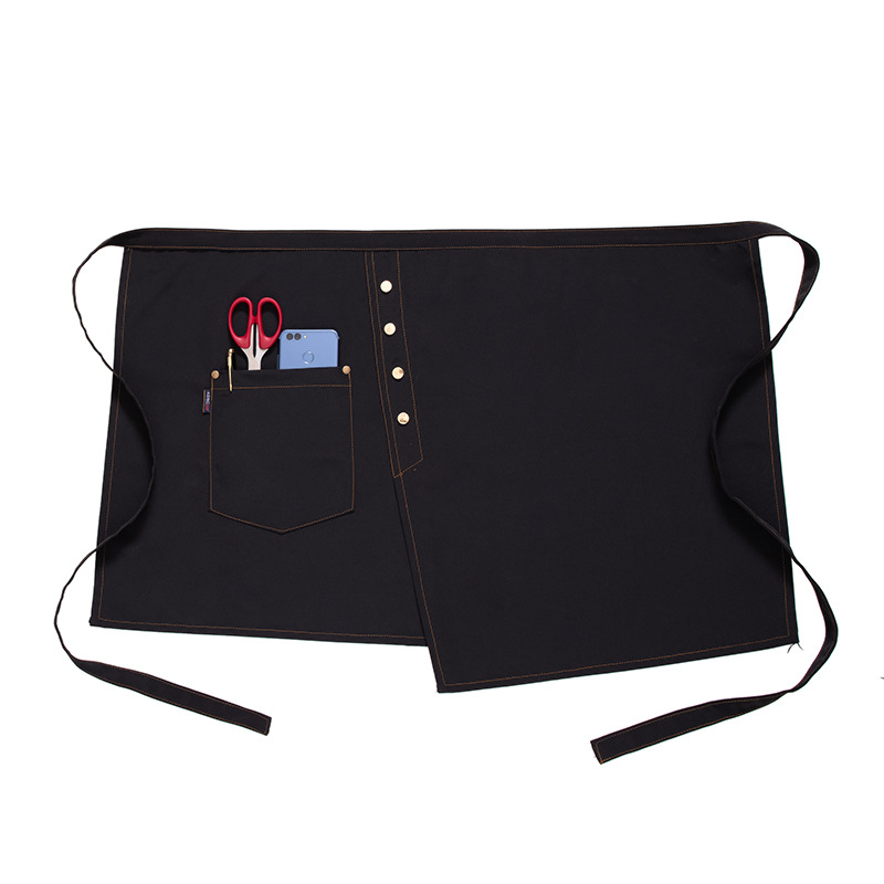 Custom Professional Restaurant Waiter Waitress Canvas Cotton Black Waist Half Apron with Pocket