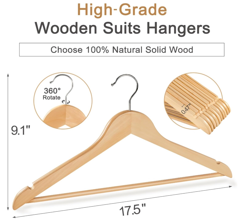 10PCS Set Wooden Hangers Natural Durable Coat Hanger with 360-Degree Rotatable Hook