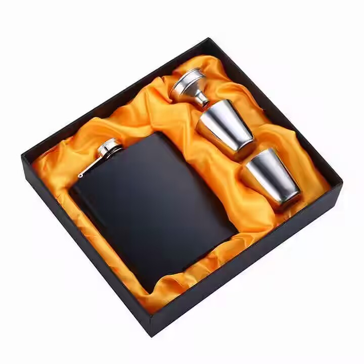 6 Oz Whisky Vodka Metal Gold Black Hip Flask Set with Funnel for Gentleman Jack Tullamore D. E. W.