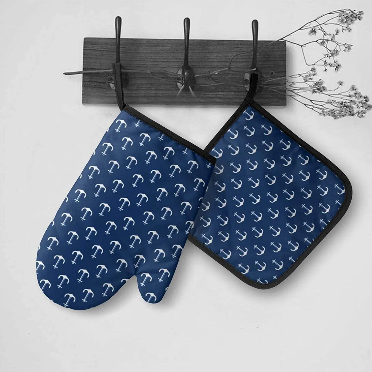 Navy Blue Mandala Nautical Anchor Oven Glove and Pot Holder Set