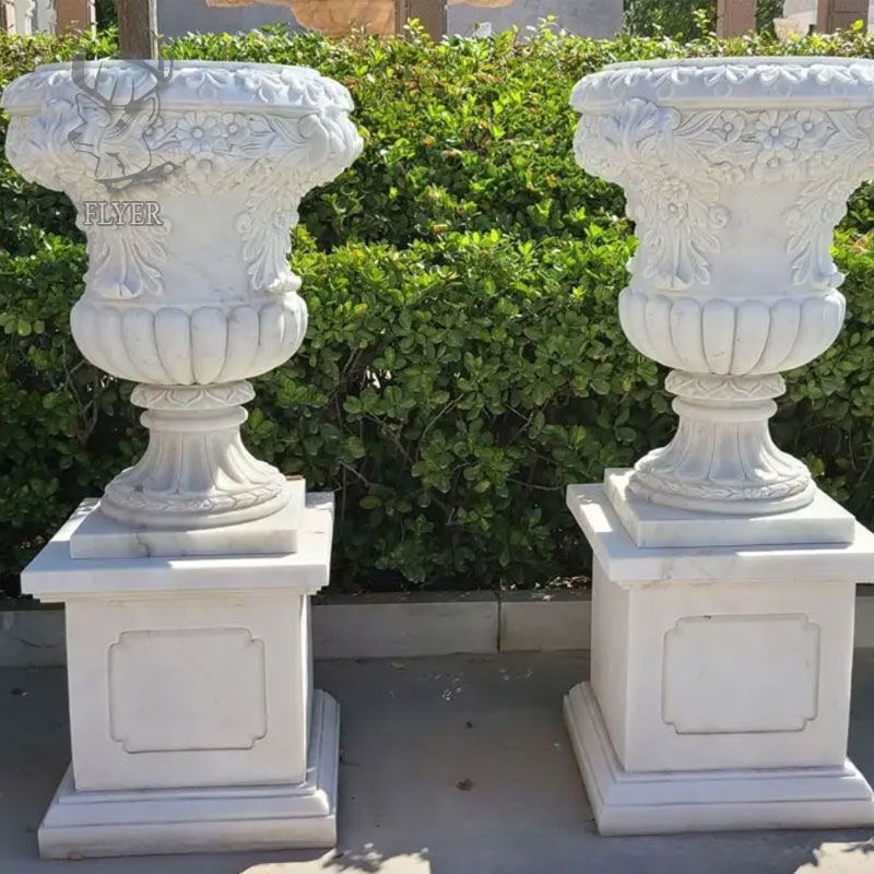 Outdoor Garden Decoration Hand Carved White Marble Flower Planter Pot Polished White Marble Flowerpot