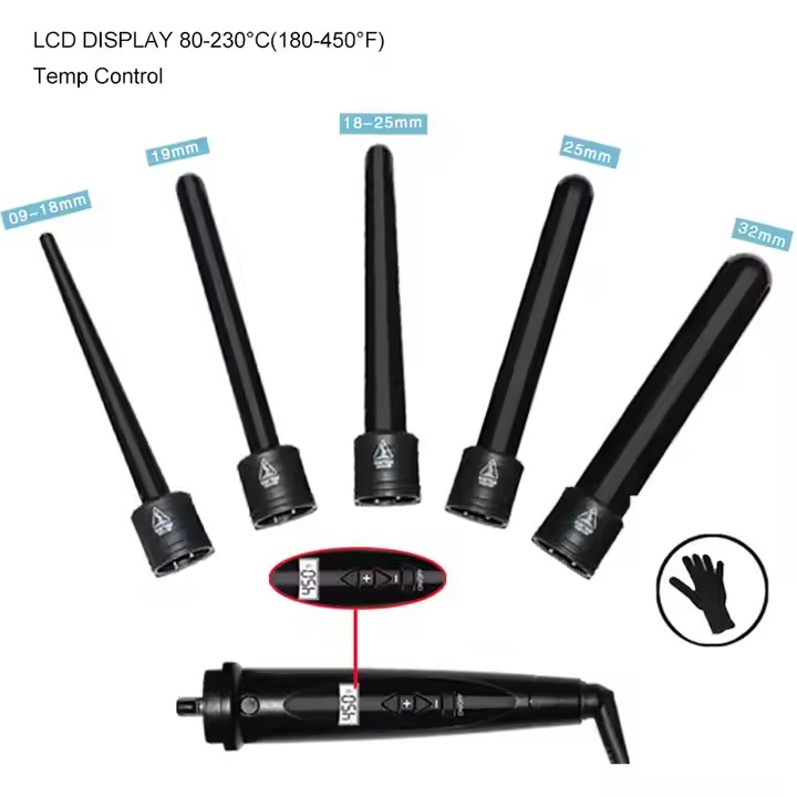 High Quality Interchangeable Hair Curling Iron 5 in 1 Ceramic Curler Wand LCD Display Waver Hair Curler Iron