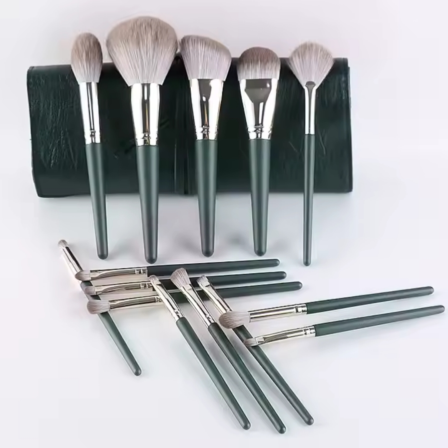 14 PCS Cosmetics Brushes Green High Gloss Powder Blush Makeup Brushes Set