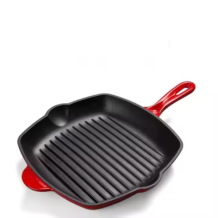 Wholesale Pre-Seasoned Frying Pan 22/24 Cm Square Steak Fish BBQ Skillet Cast Iron Grill Pan with Wooden Handle