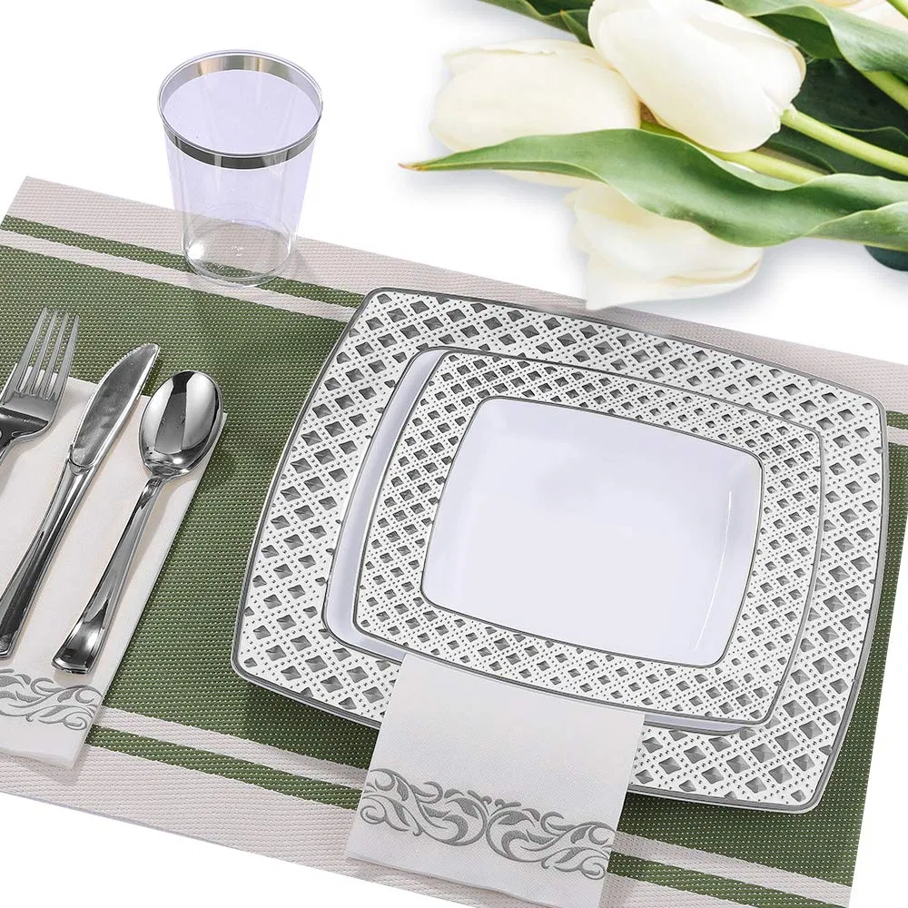 Elegant Silver Plastic Square Plates with Diamond Design