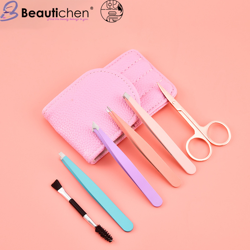 Beautichen 6PC Professional Tweezers Set for Women - Eyebrow and Ingrown Hair Tools with Curved Scissors, Stainless Steel Beauty Kit with PU Leather Case